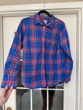 L.L. Bean Royal Blue and Red Plaid Cotton Button-Down Shirt